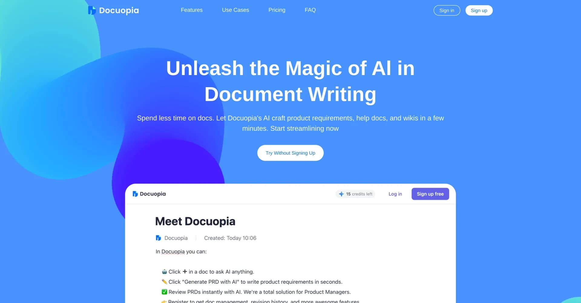Docuopia homepage screenshot — AI-powered document writing in minutes.