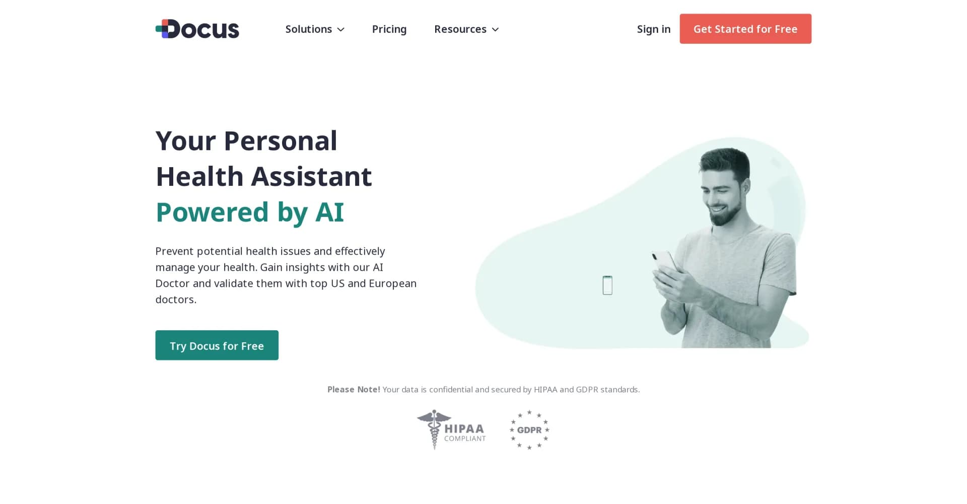 Docus AI homepage screenshot — AI Health Assistant for accurate decisions and preventive ca