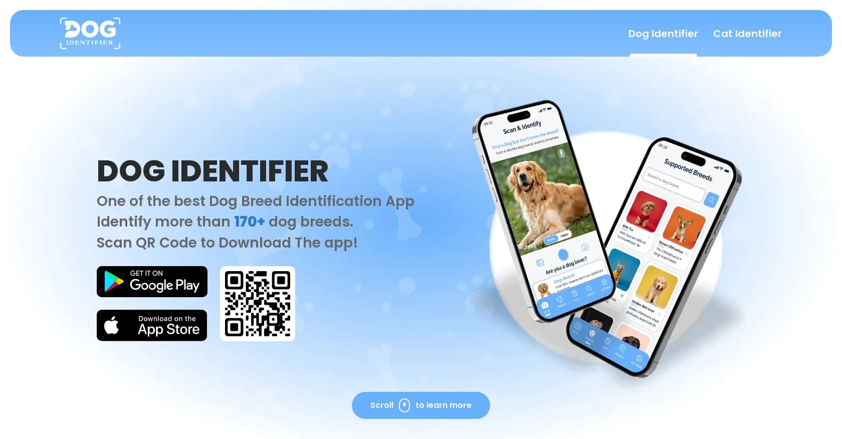 Dog Identifer homepage screenshot — Identify 170+ dog breeds with a snap