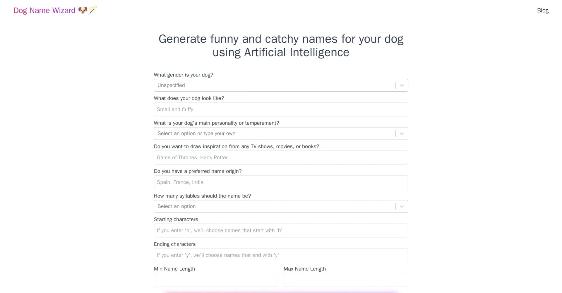 Dog Name Wizard homepage screenshot — Generate funny dog names using AI for free