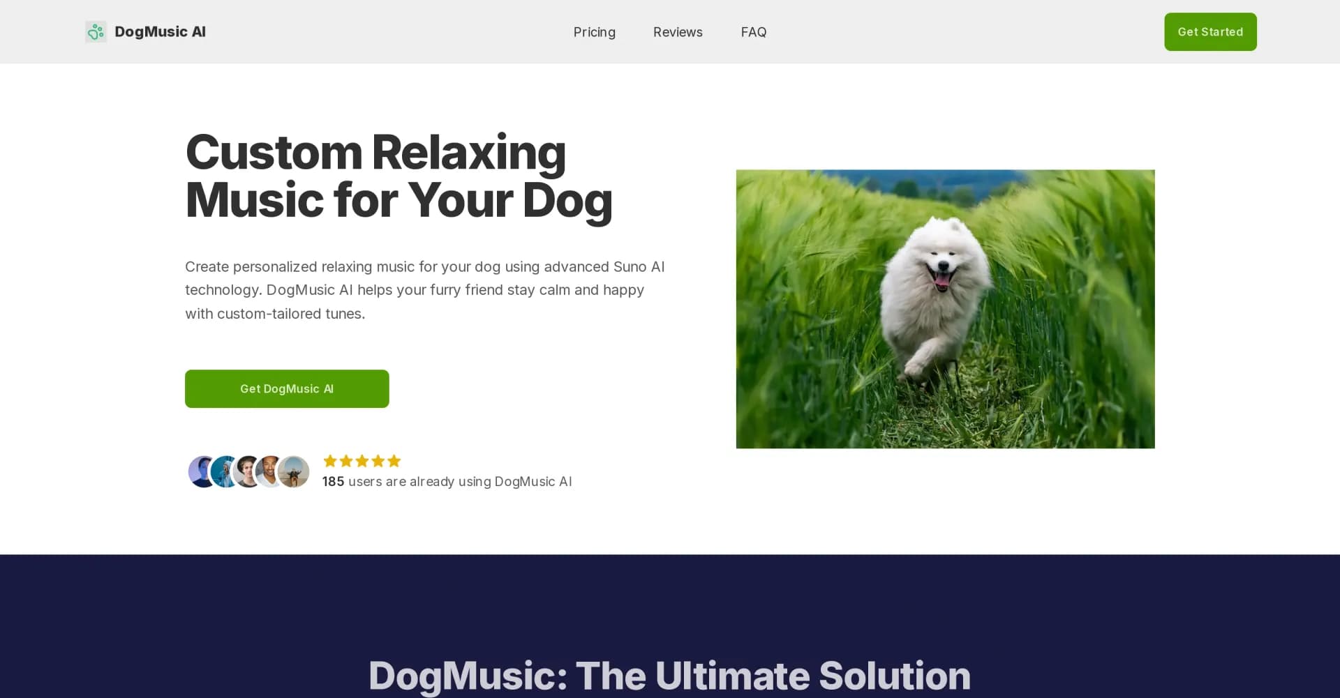 DogMusic AI homepage screenshot — Create custom calming tunes for your canine companion.