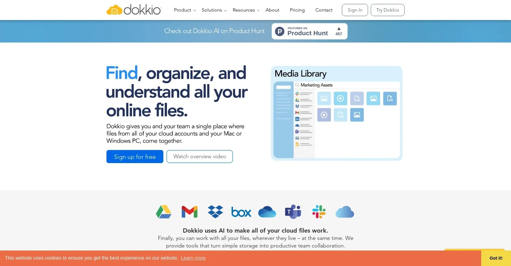 Dokkio homepage screenshot — Cloud file organization and retrieval made efficient.