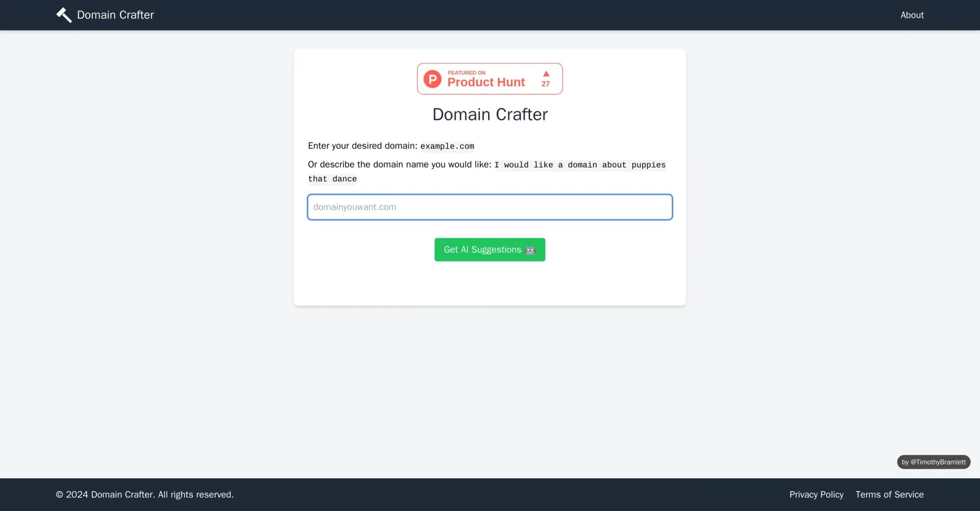Domain Crafter homepage screenshot — AI-powered domain name generator for your next big idea