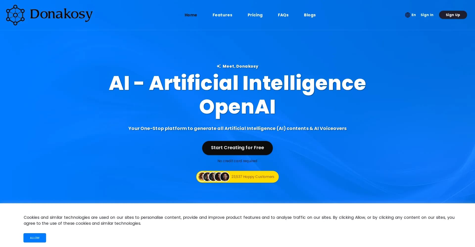 Donakosy homepage screenshot — Your one-stop AI platform for content creation