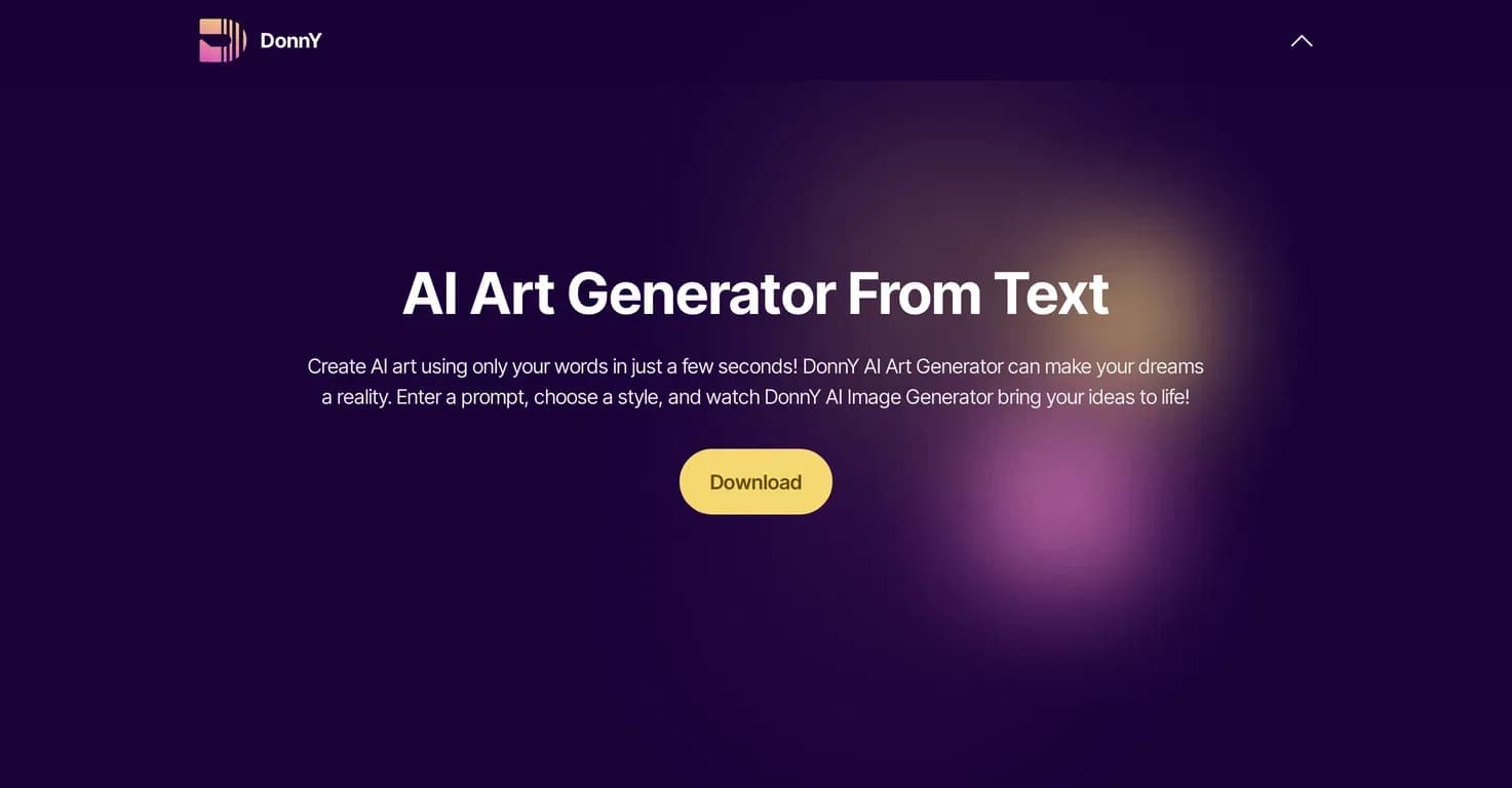 DonnY homepage screenshot — Create AI art from words in seconds