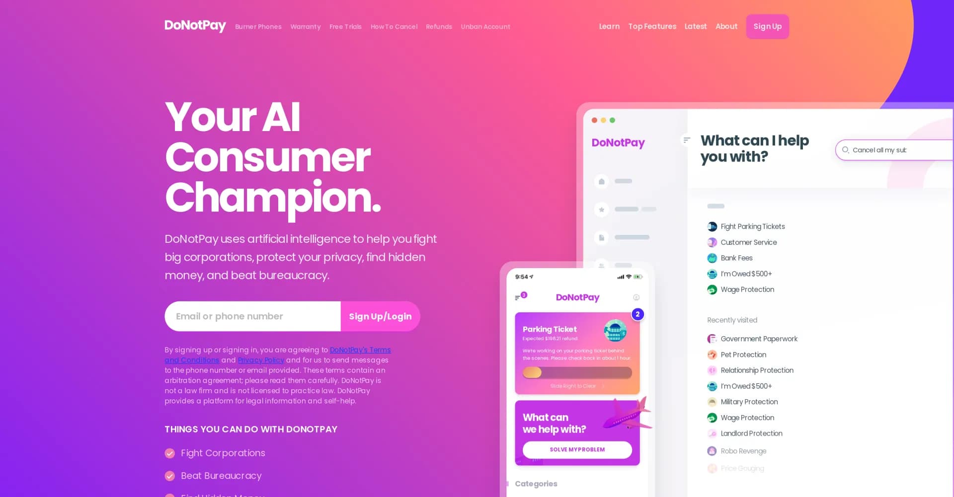 Donotpay homepage screenshot — AI consumer champion fighting for you.