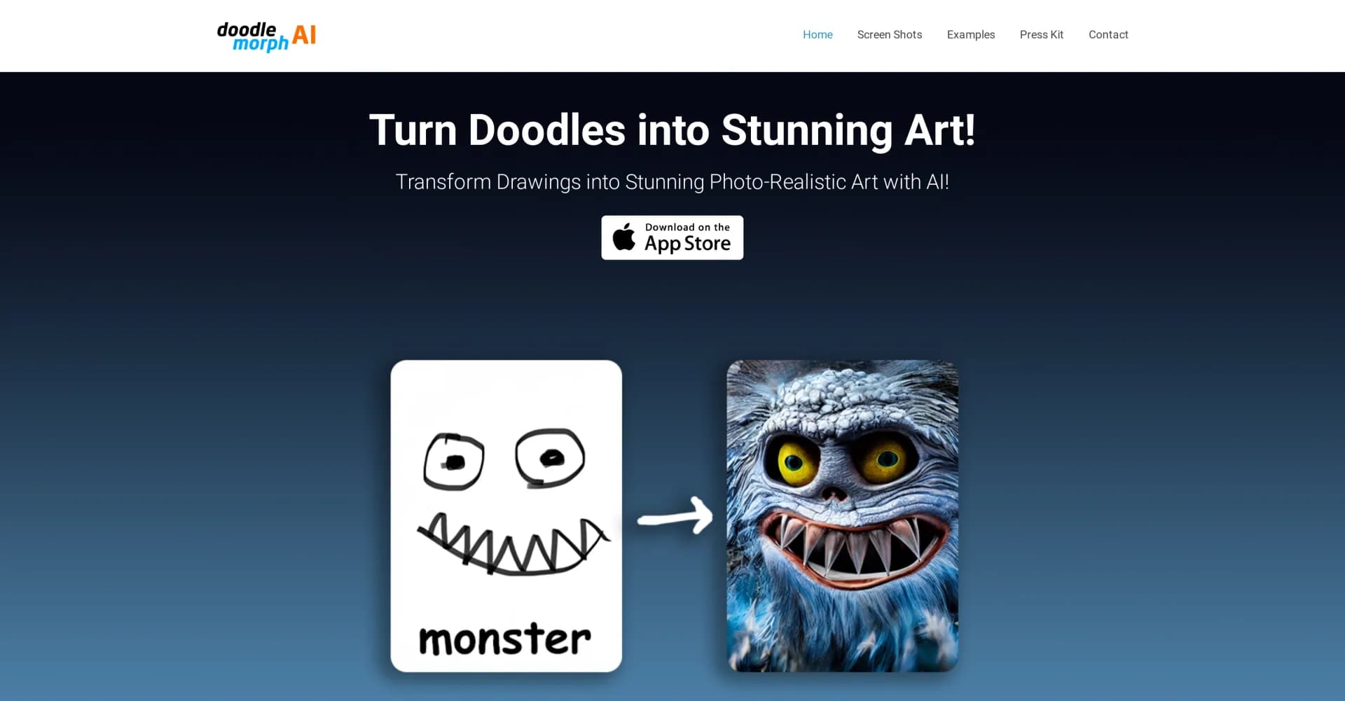 Doodle Morph AI homepage screenshot — Turn doodles into stunning photo-realistic art
