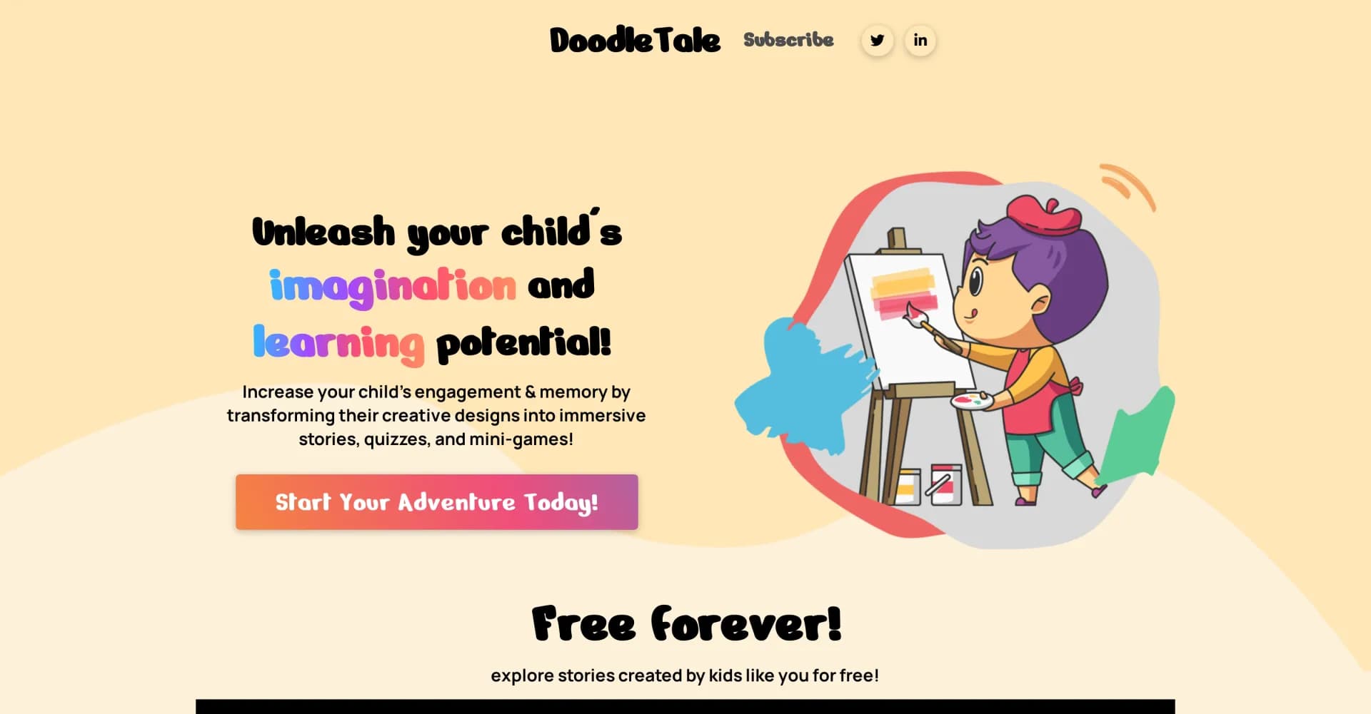 Doodle Tale homepage screenshot — Transform kids' doodles into interactive stories and games.