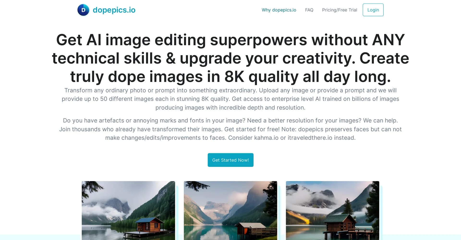 Dopepics homepage screenshot — Get AI image editing superpowers, no skills required.