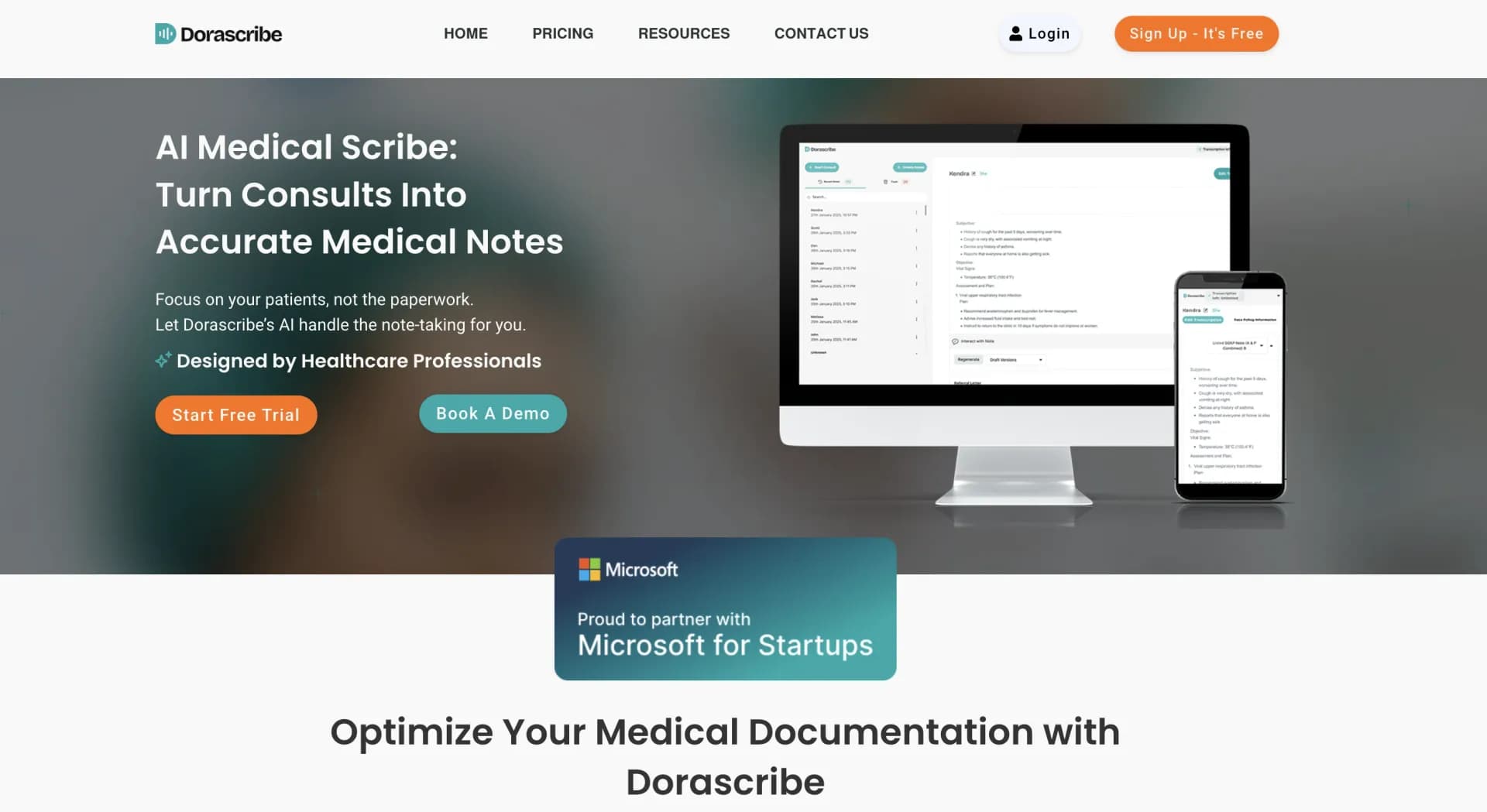 Dorascribe homepage screenshot — Turn consults into accurate medical notes