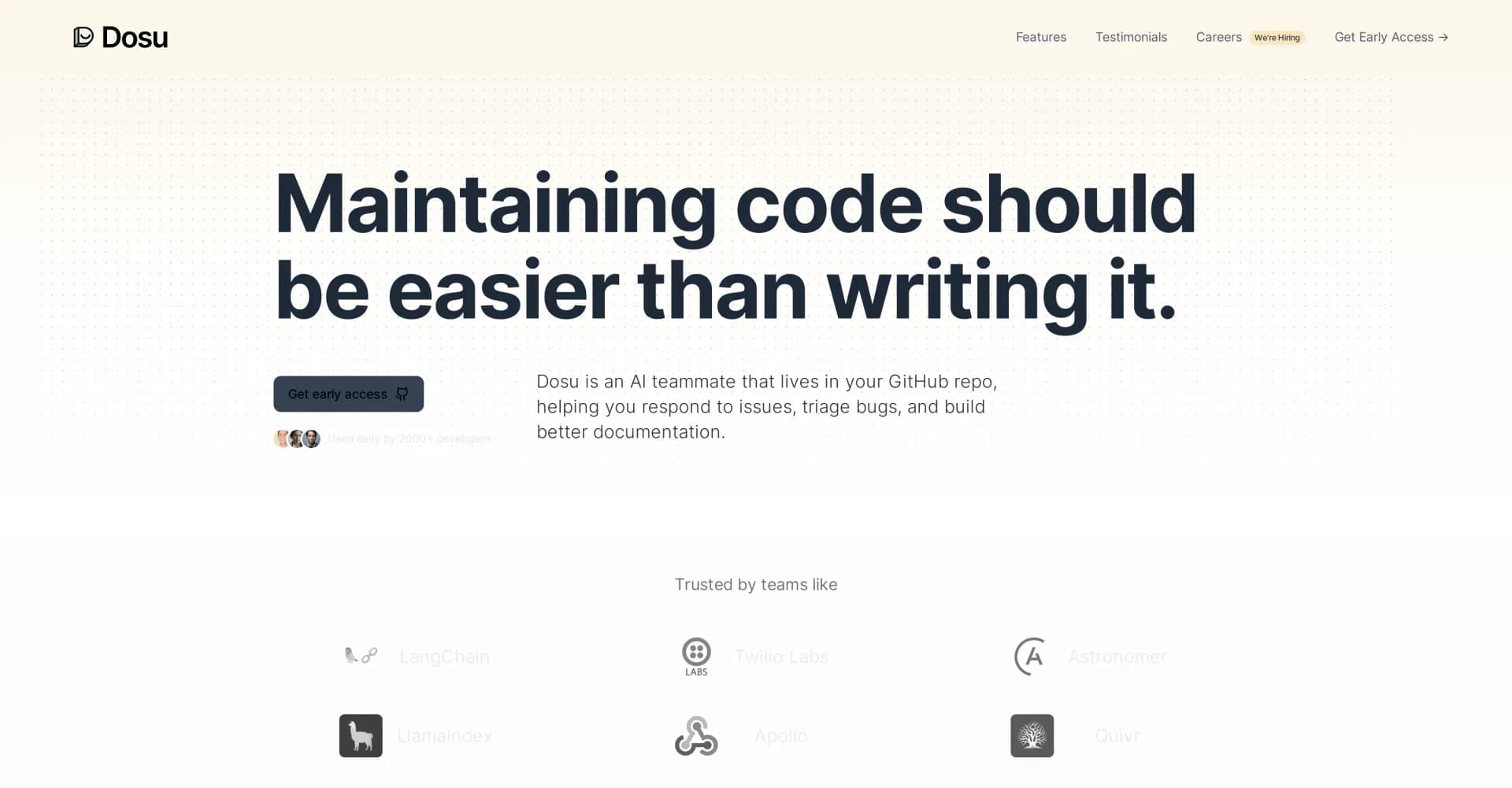 Dosu homepage screenshot — AI teammate for GitHub: Simplify code maintenance
