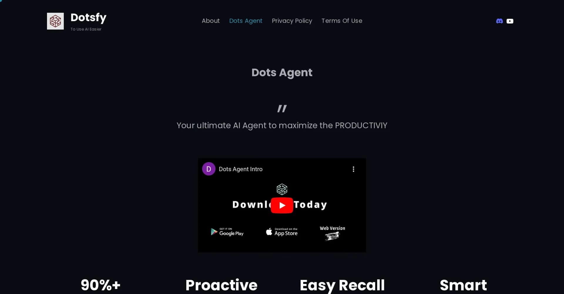 Dotsfy homepage screenshot — Your ultimate AI Agent to maximize productivity.
