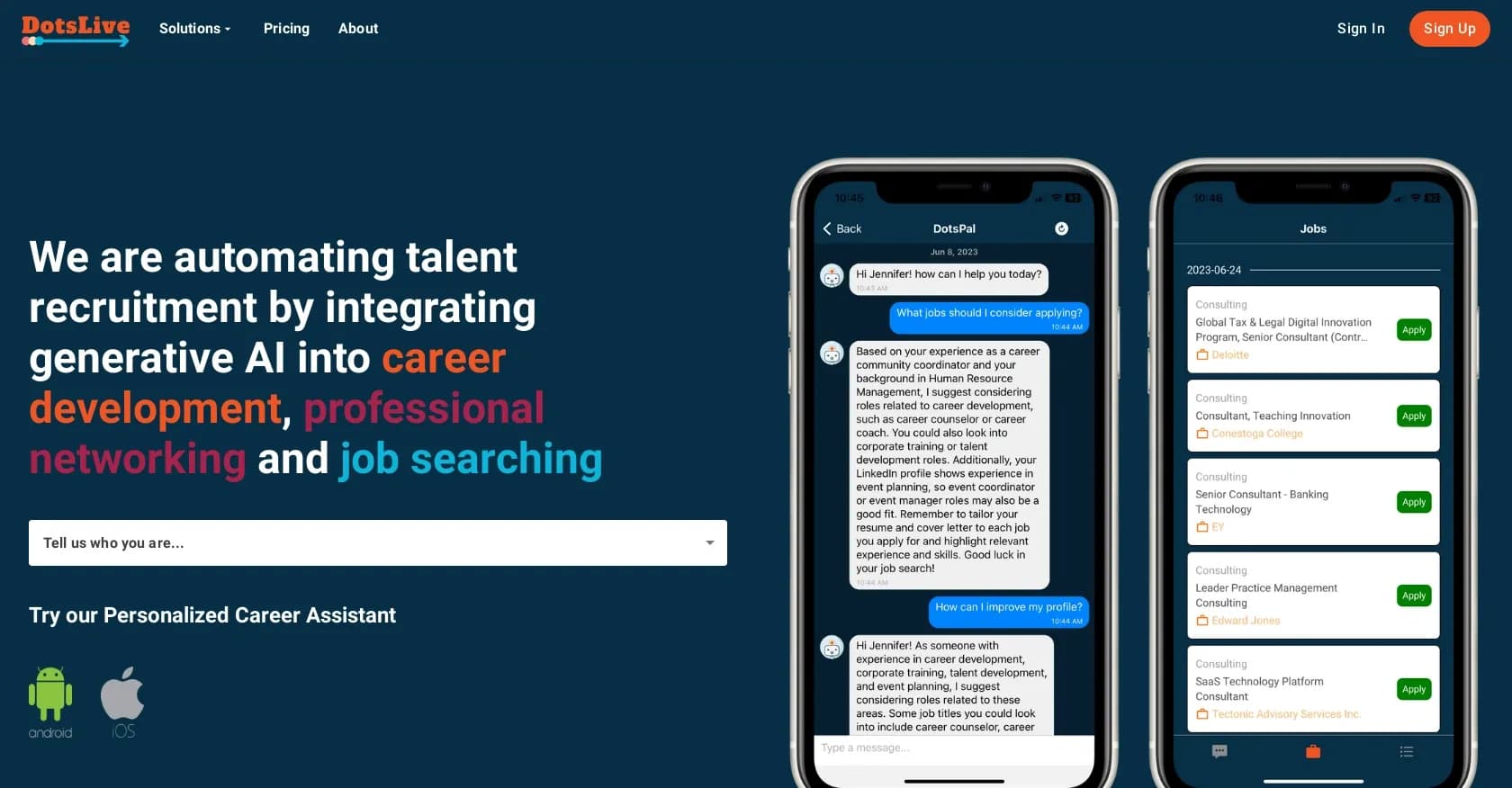 DotsPal homepage screenshot — Automate recruitment with AI-powered career tools.