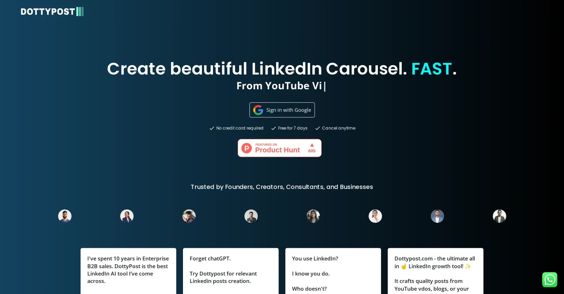 Dottypost homepage screenshot — Create stunning LinkedIn carousels in seconds.
