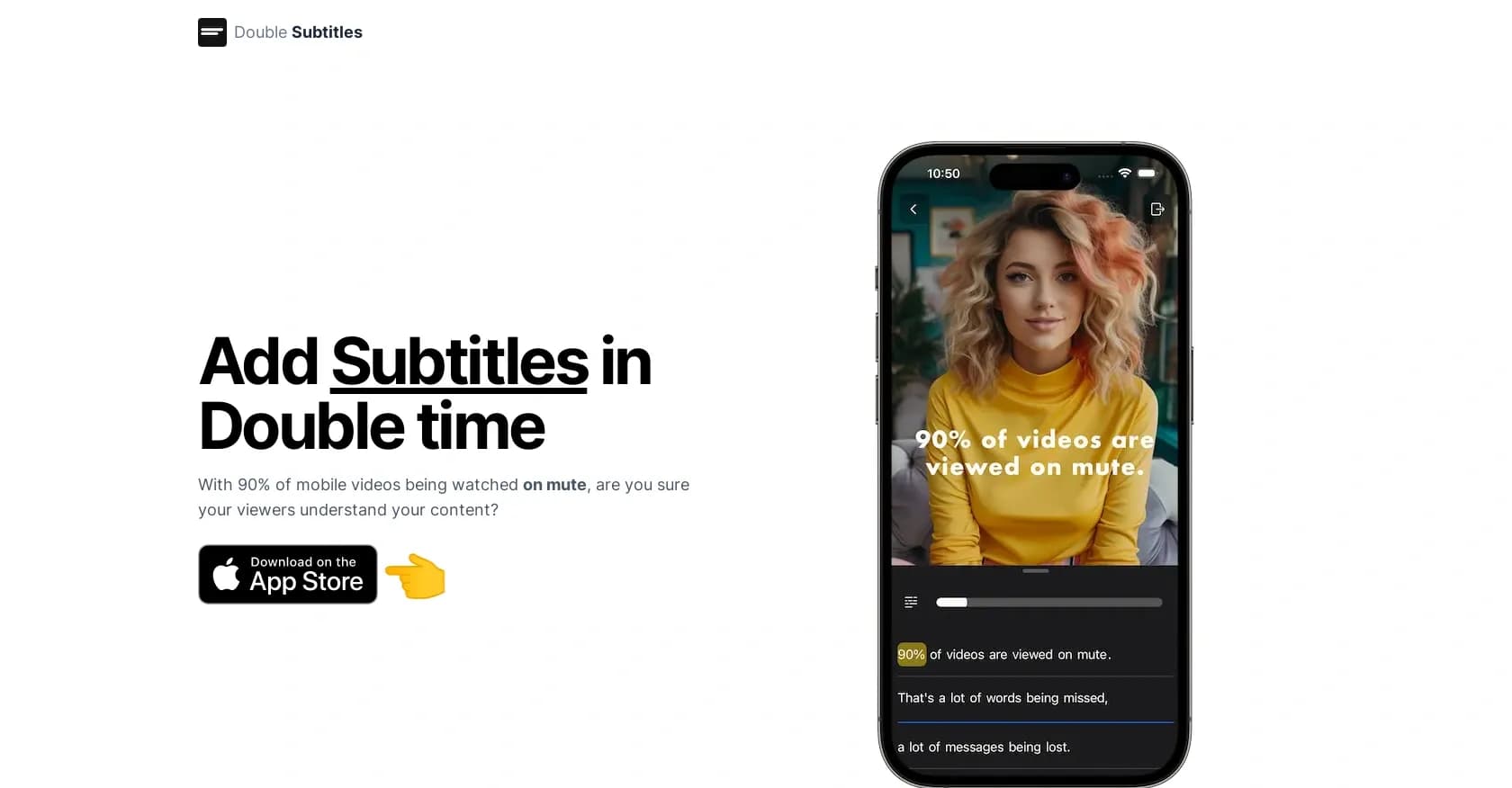 Double Subtitles homepage screenshot — Add subtitles to videos in double time with AI.