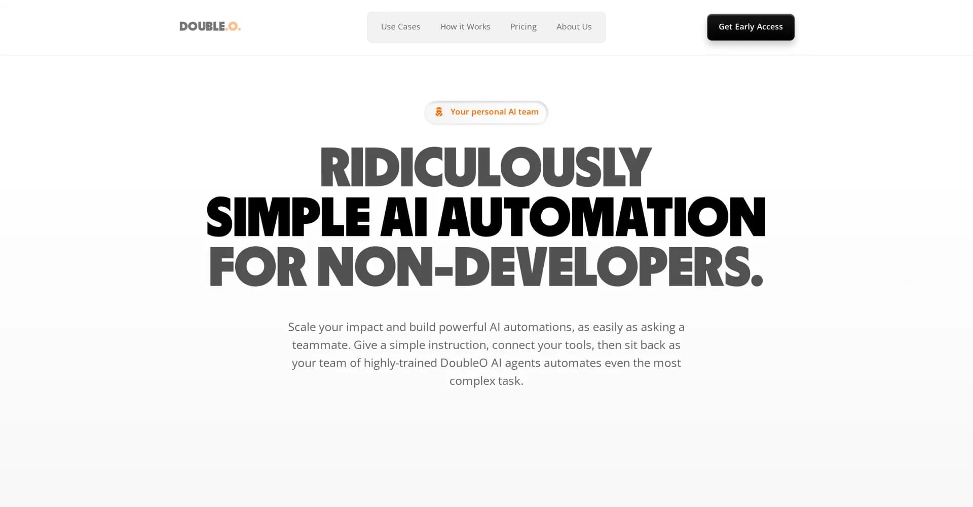 DoubleO homepage screenshot — AI automation for non-developers, as easy as asking a teamma