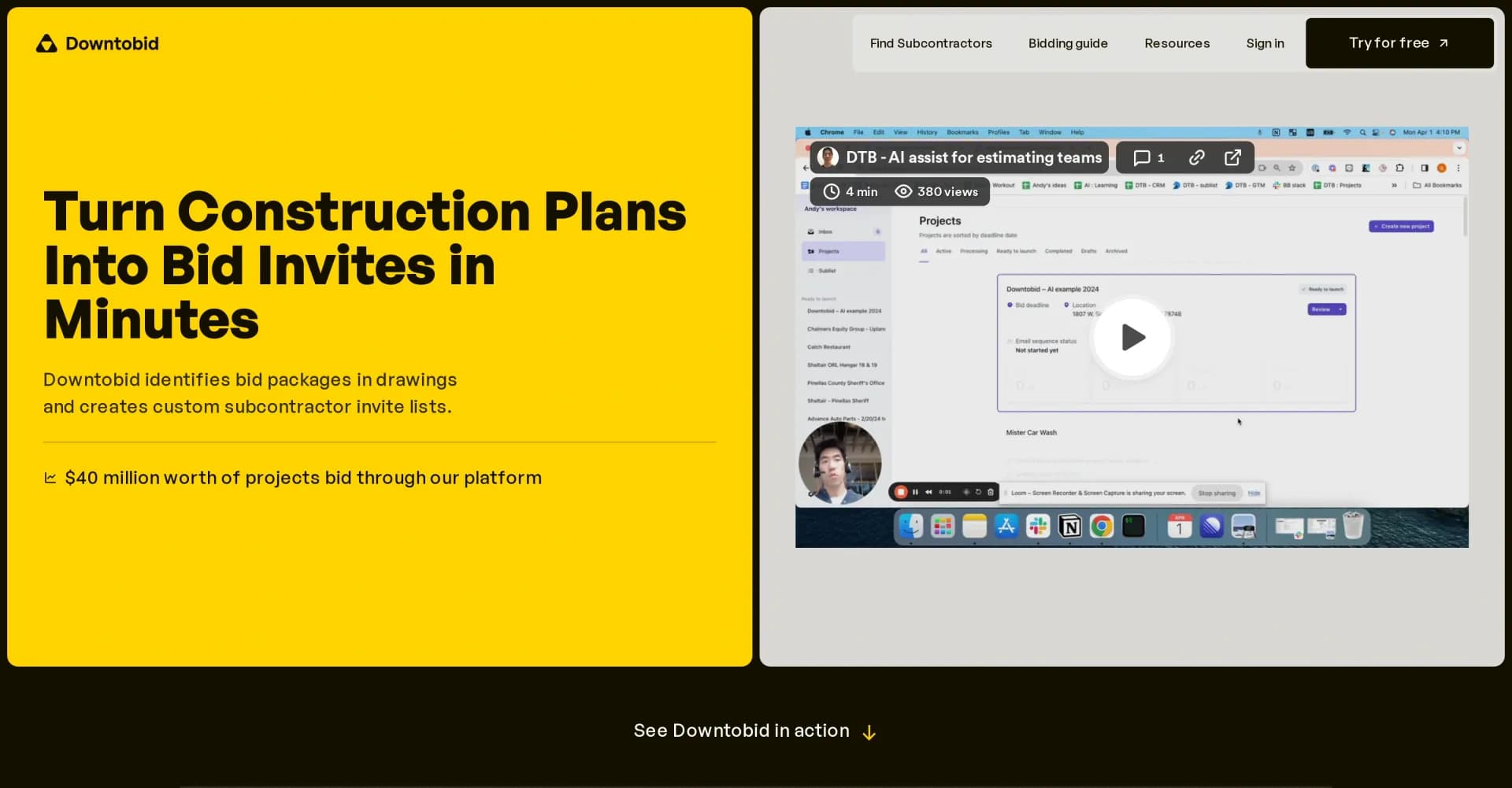 Downtobid homepage screenshot — Turn construction plans into bid invites in minutes