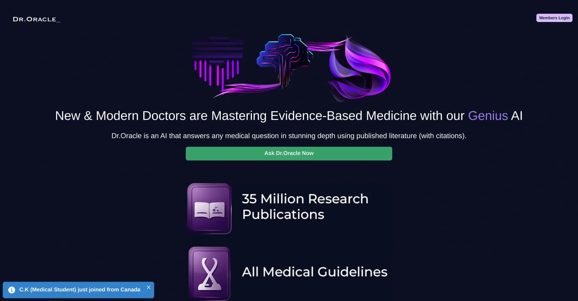 Dr. Oracle homepage screenshot — Publish more, learn more in medicine with AI.