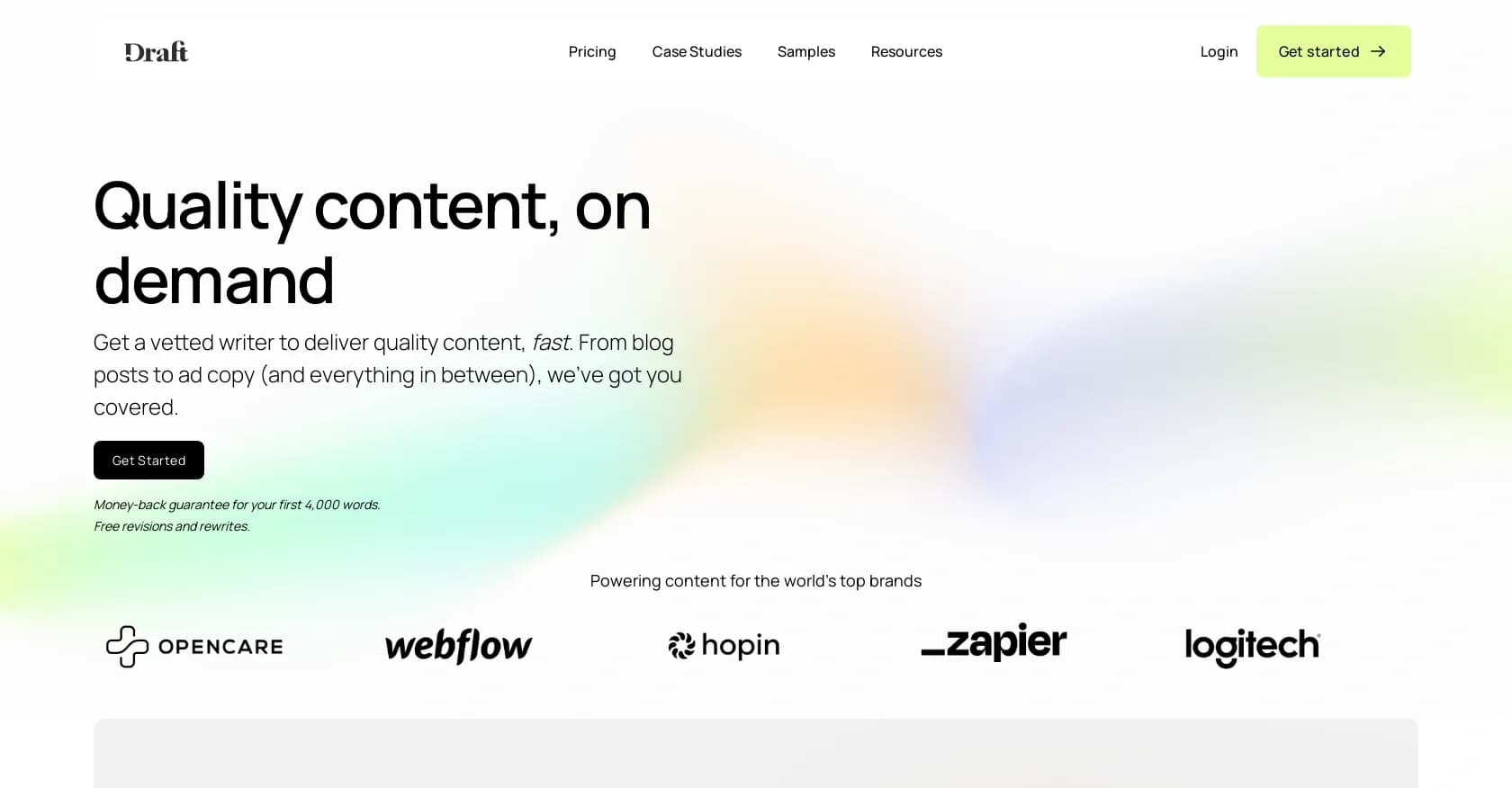 Draft.co homepage screenshot — Get quality content, fast, from vetted writers.