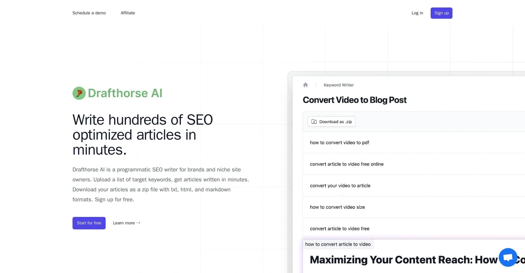 Drafthorse AI homepage screenshot — Write hundreds of SEO articles in minutes.