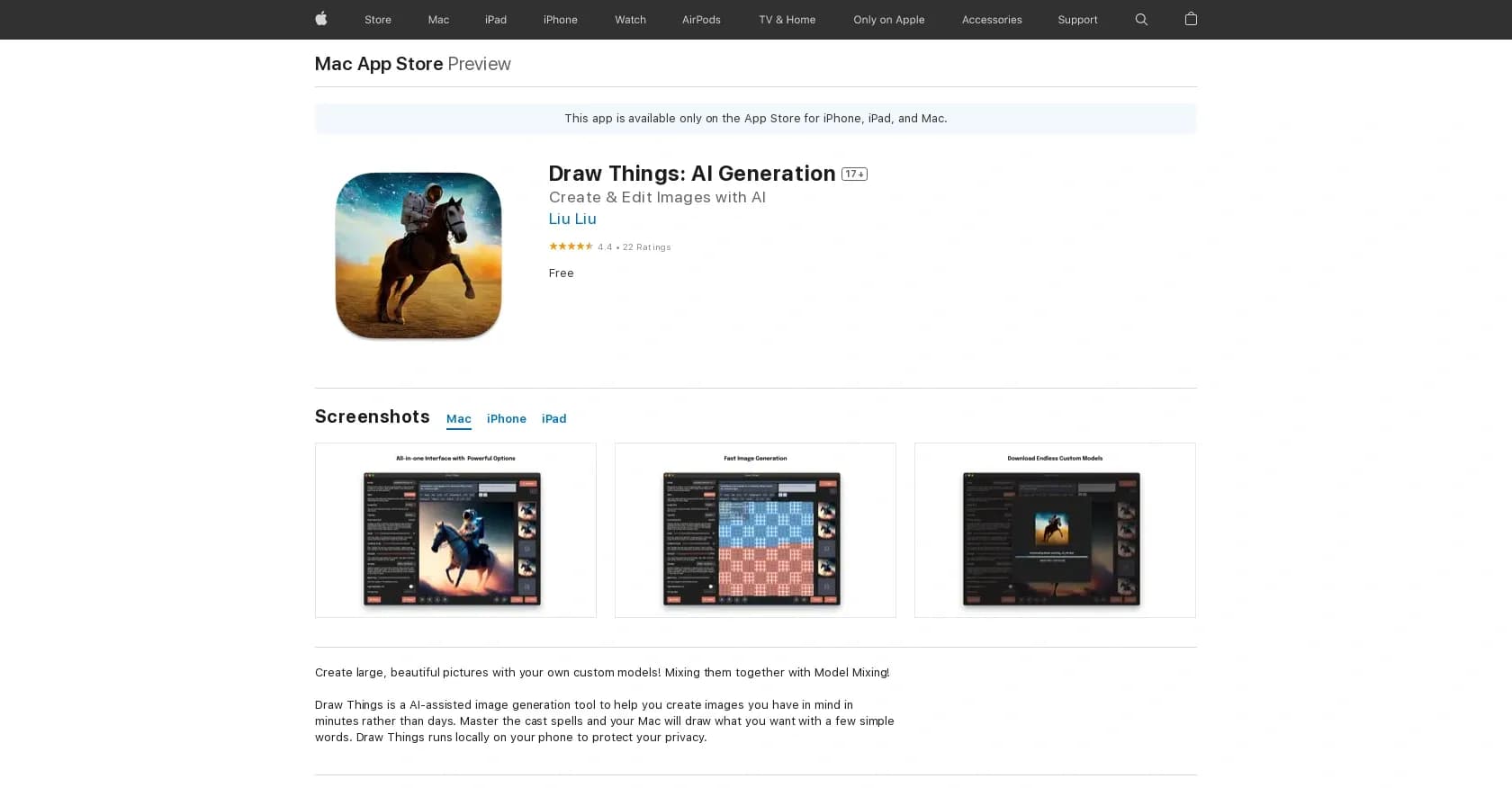 Draw Things: AI Generation homepage screenshot — Assisted image generation application for Apple devices.