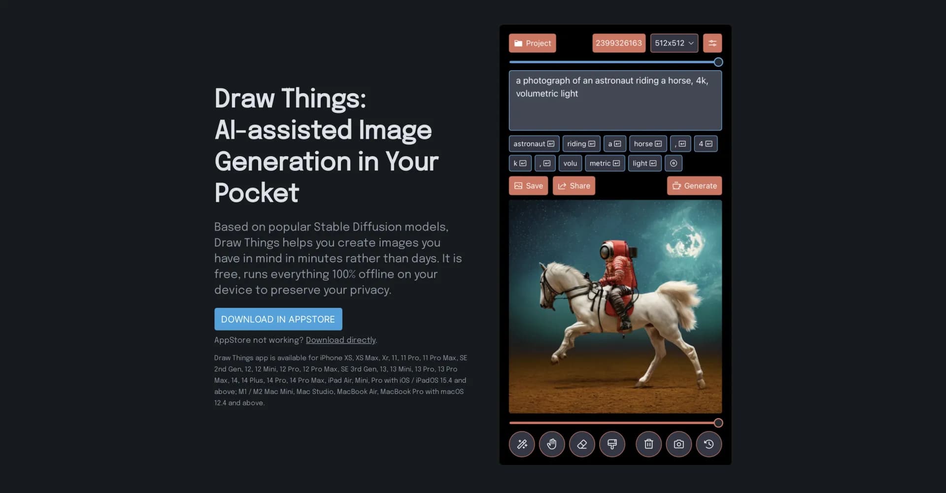 Draw Things: AI-assisted Image Generation homepage screenshot — Create AI-generated images on your device in minutes