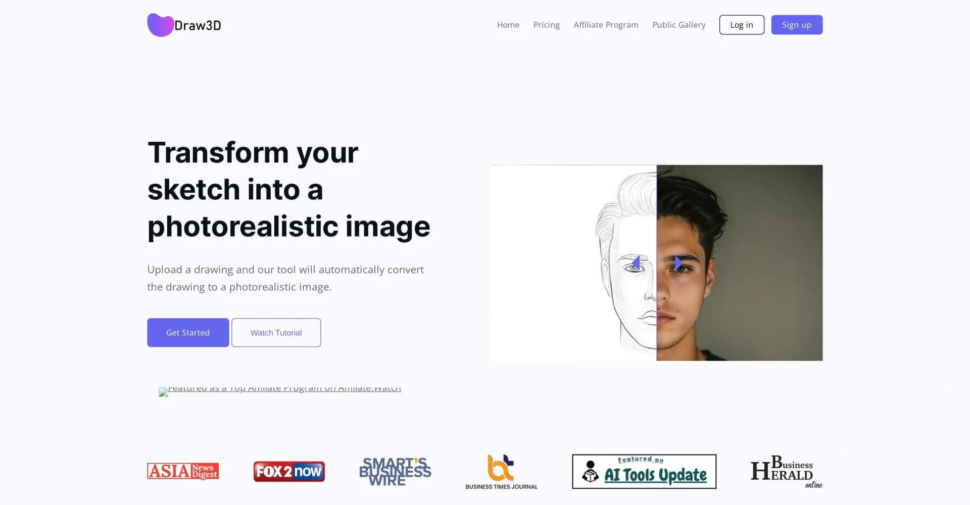 Draw3D homepage screenshot — Transform sketches into photorealistic images.