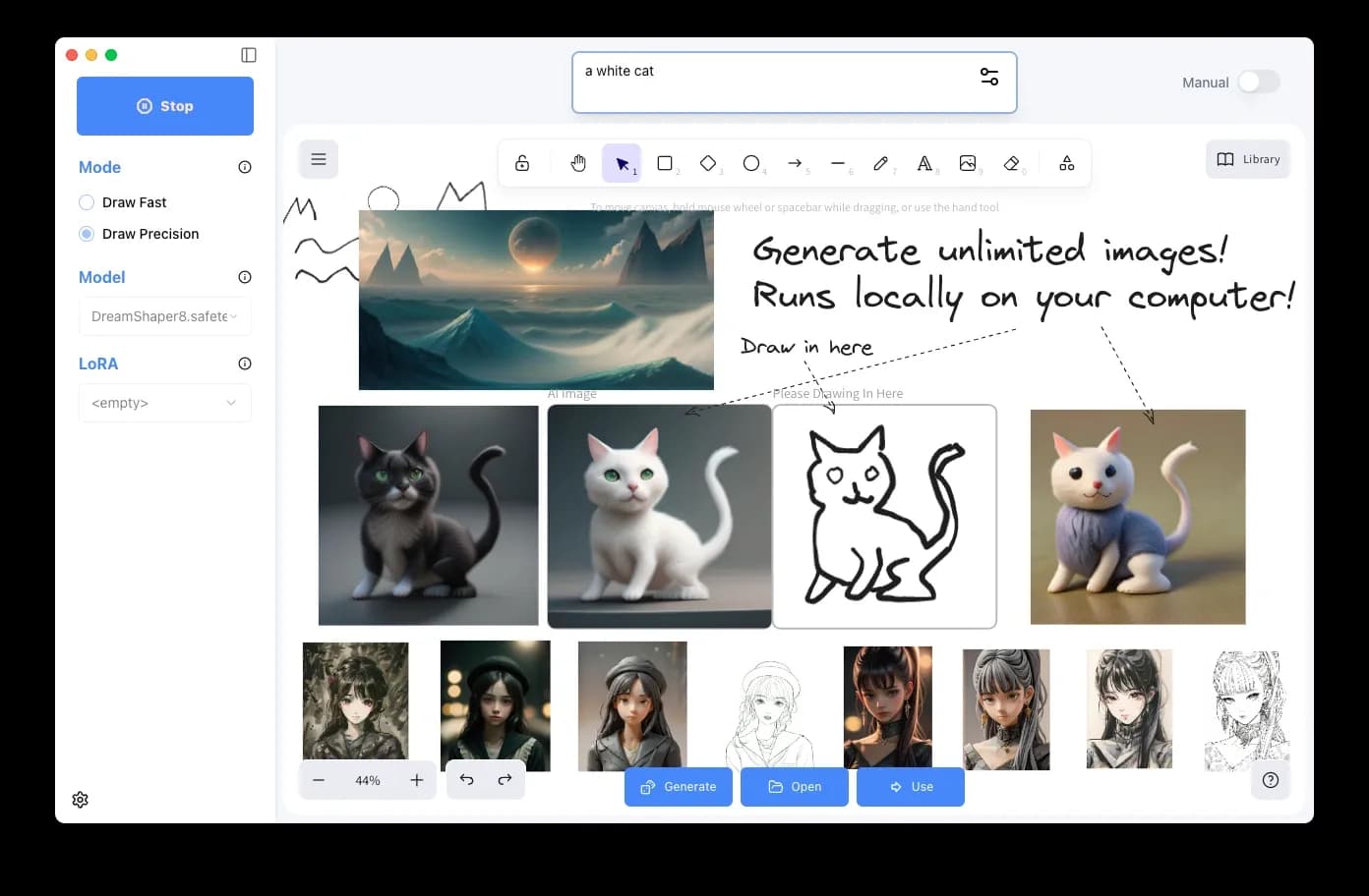 DrawingPics homepage screenshot — Create unlimited images in a whiteboard, locally.