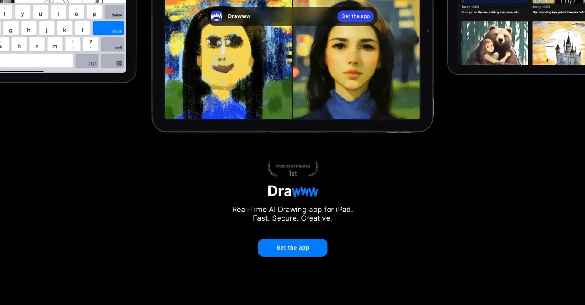 Drawww homepage screenshot — Real-time AI drawing for iPad: Fast, secure, creative.