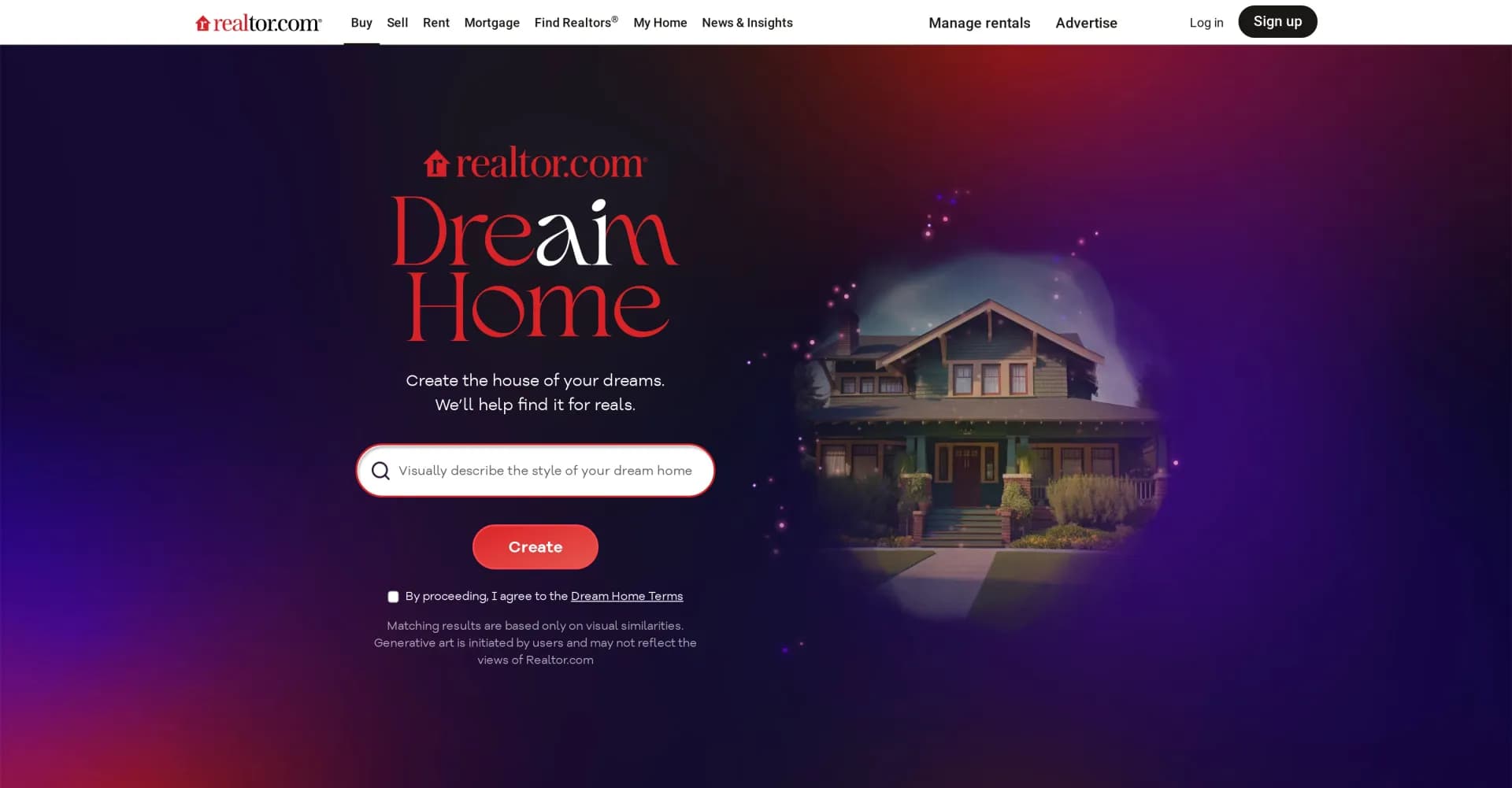 DreAIm Home homepage screenshot — Create your dream home, find it in reality.