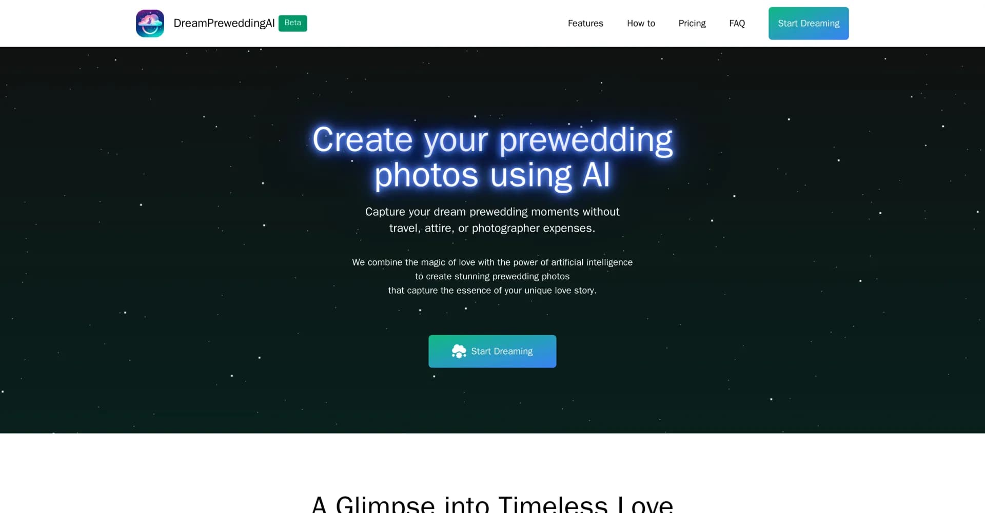 Dream Prewedding homepage screenshot — Create your dream prewedding photos using AI