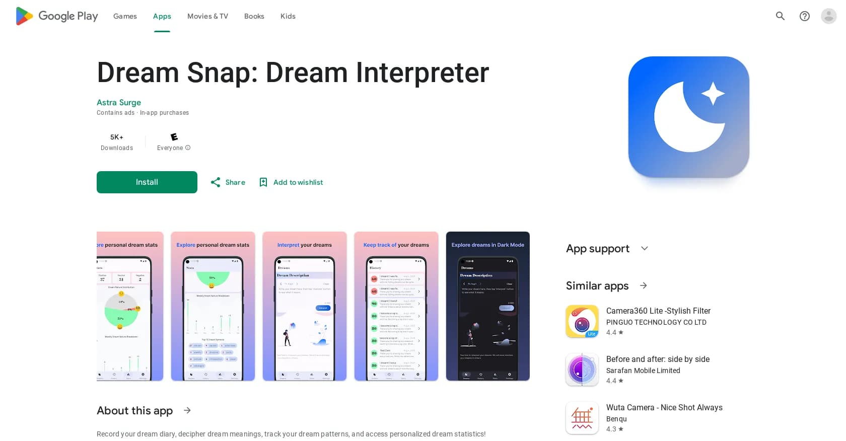 Dream Snap homepage screenshot — Dream analysis, pattern tracking, insight app.