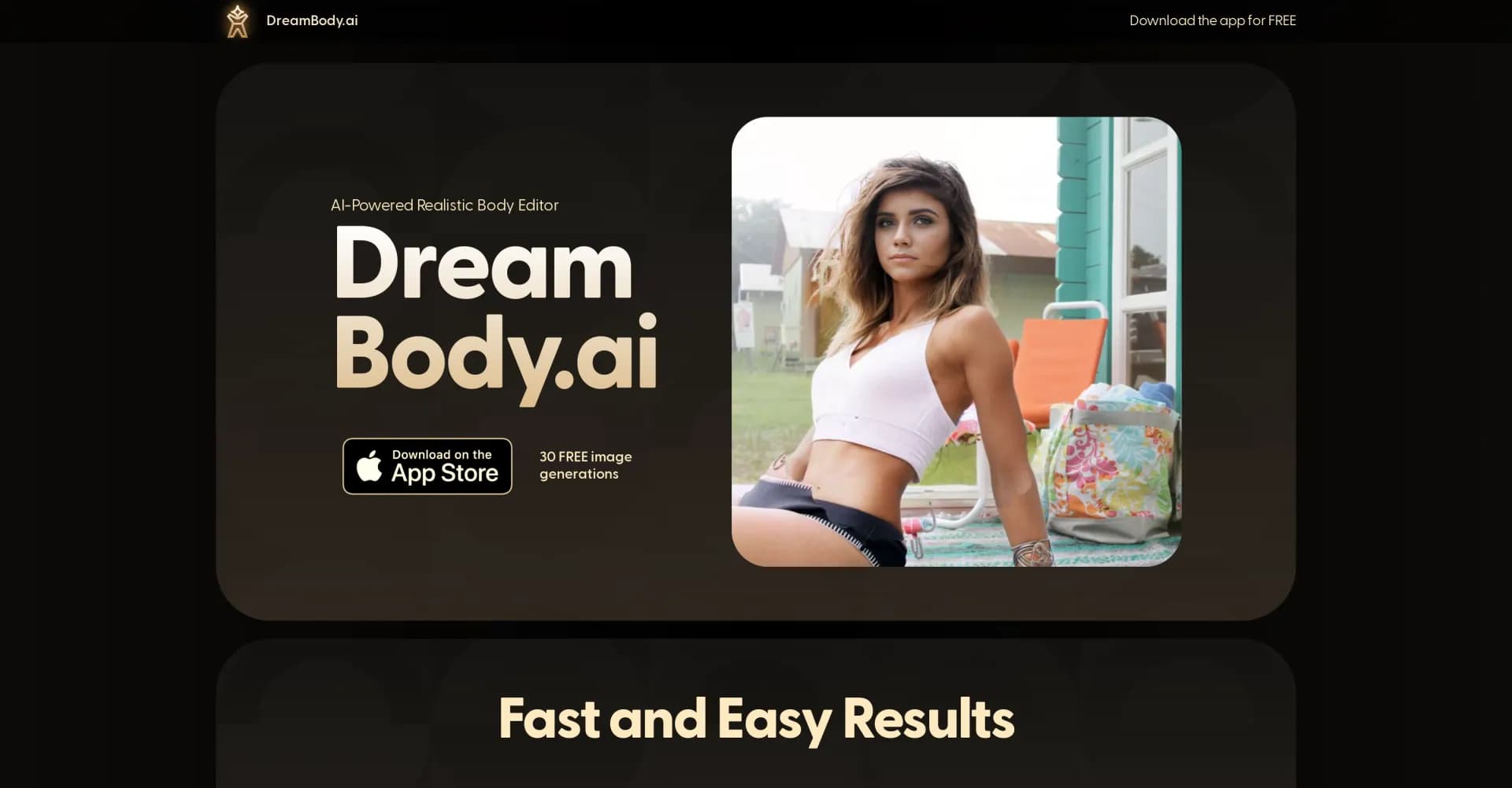 DreamBody homepage screenshot — Transform your body with AI-powered muscle generation
