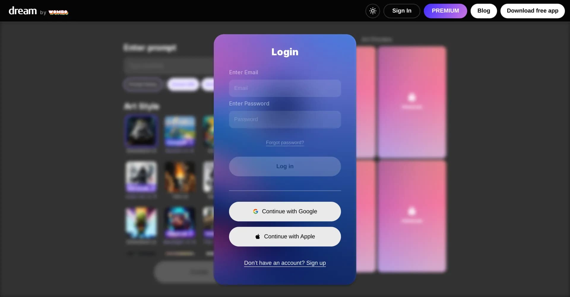 Dream by WOMBO homepage screenshot — Create AI artwork from text prompts in seconds.