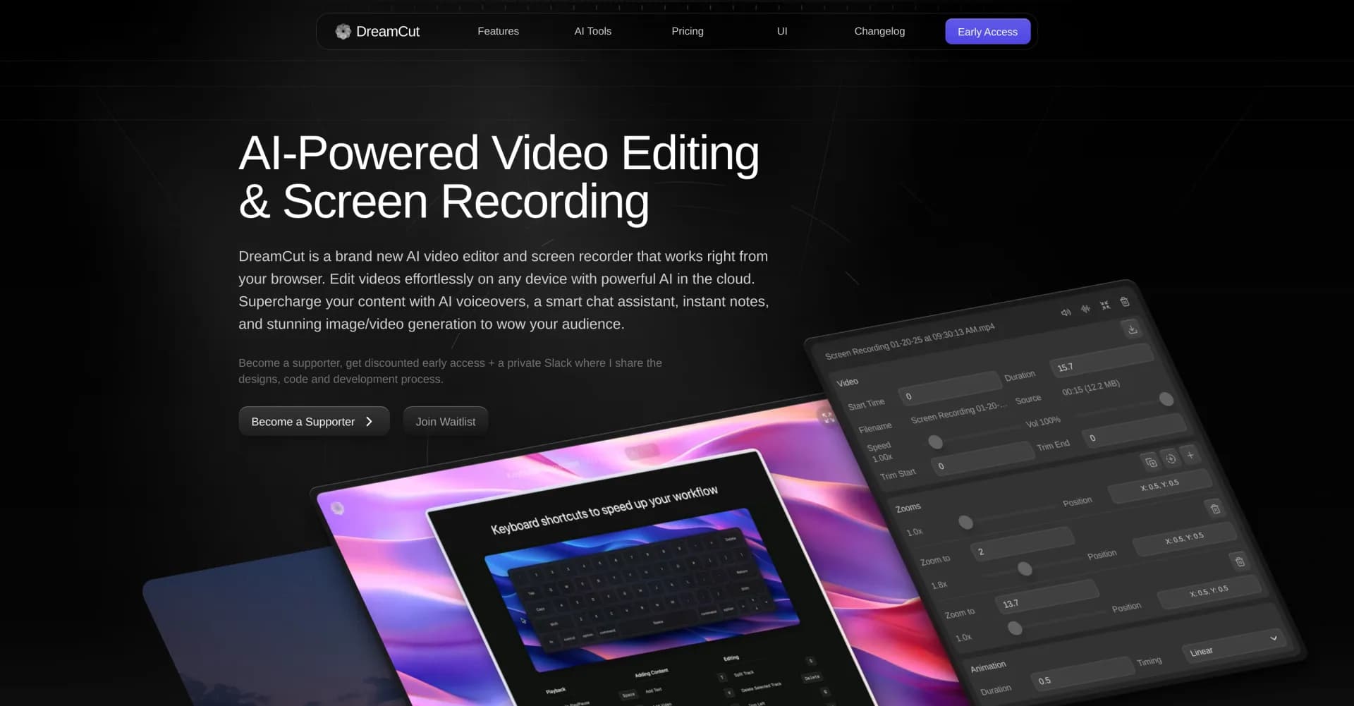 DreamCut homepage screenshot — Edit videos effortlessly with AI in your browser