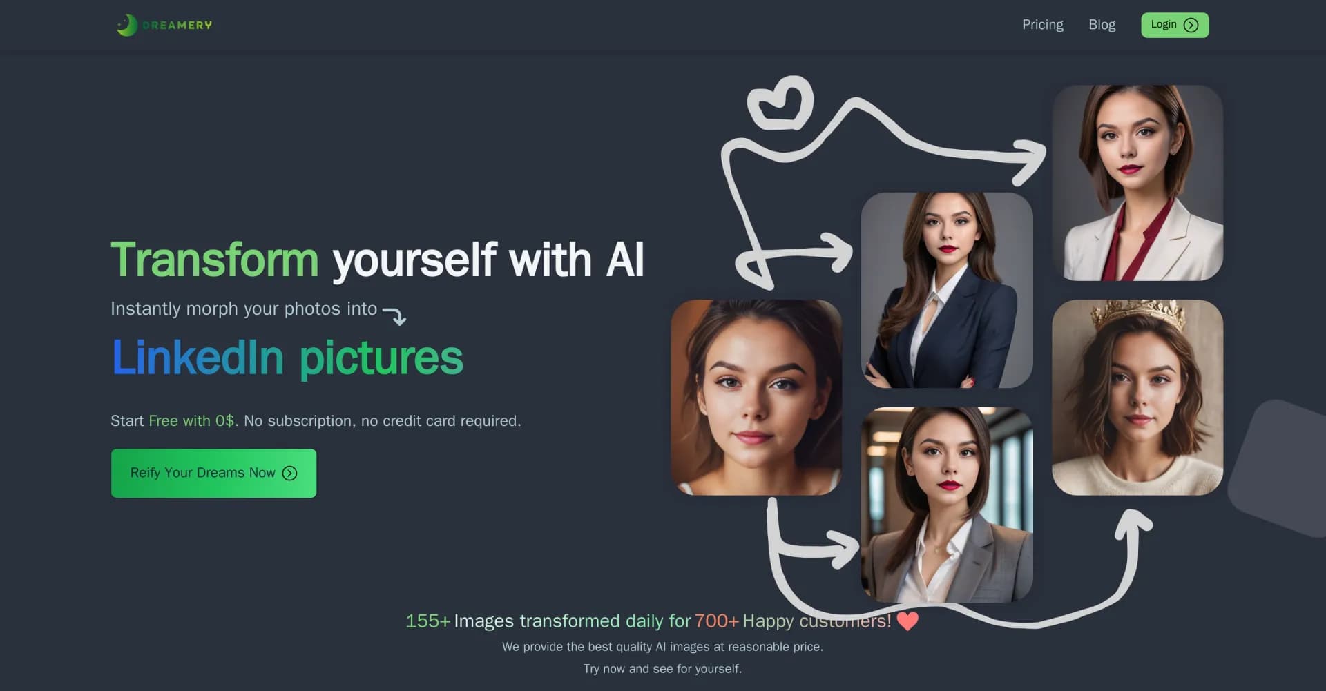 Dreamery homepage screenshot — Transform your selfie into anything you dream
