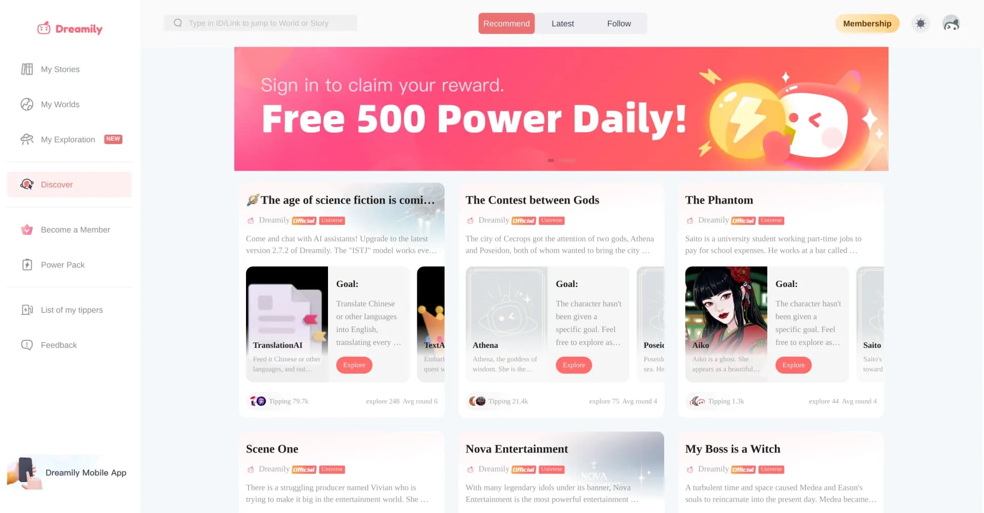 Dreamily-beta homepage screenshot — Co-create multiverse stories with AI