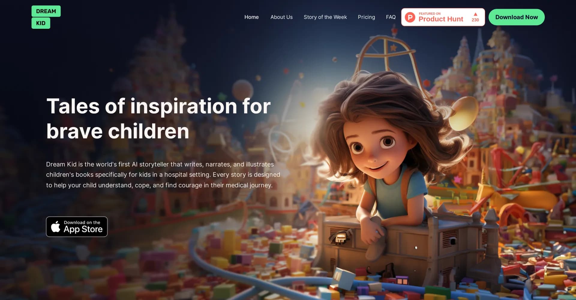DreamKid homepage screenshot — AI storyteller for brave children in hospitals