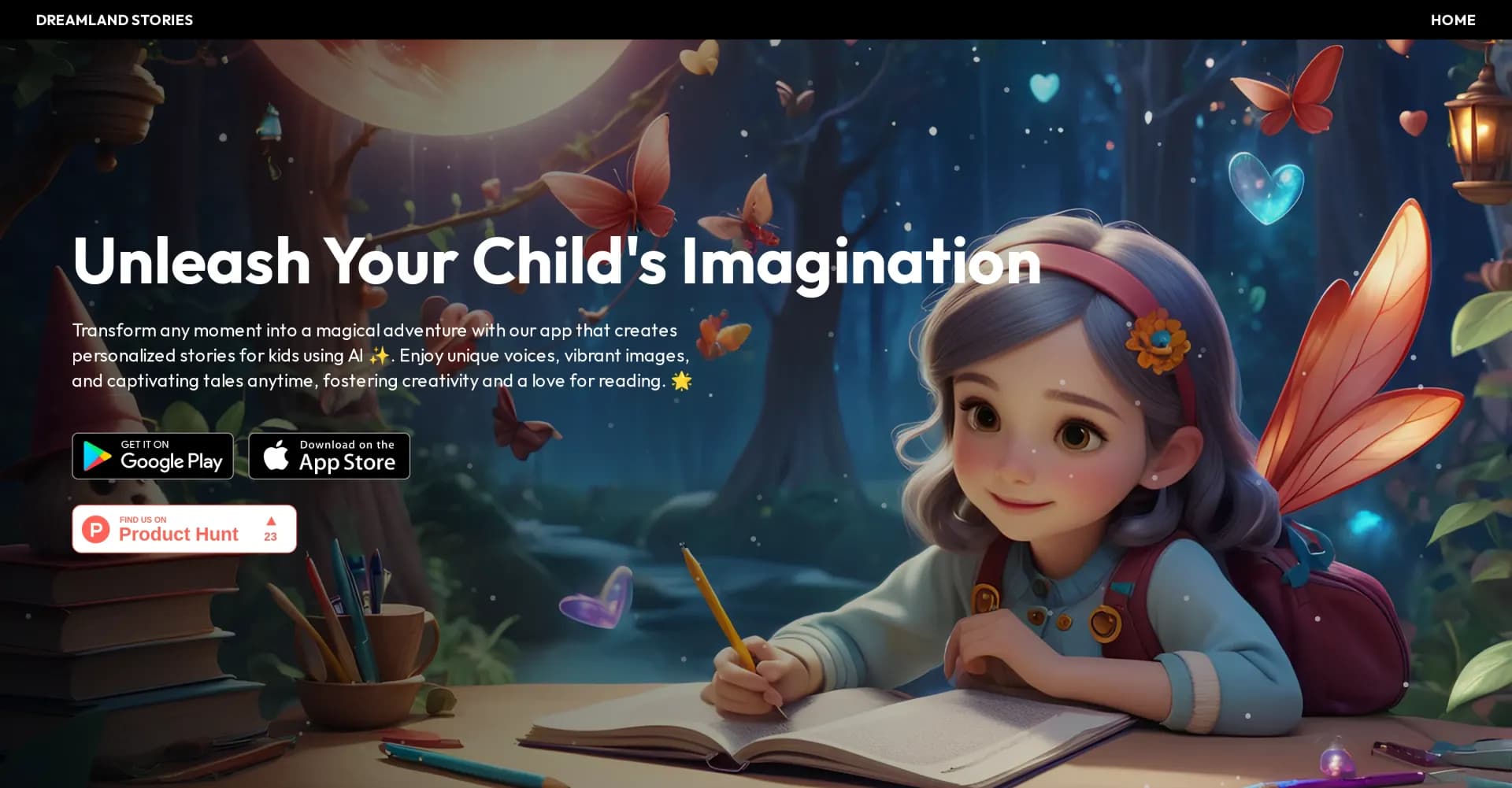 Dreamland homepage screenshot — Transform moments into magical kids' stories with AI.