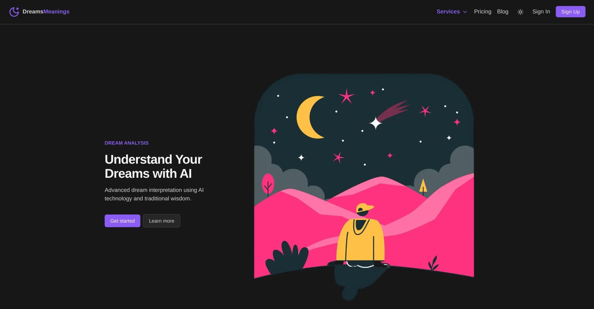Dreams Meanings homepage screenshot — Decode your dreams with AI-powered insights.