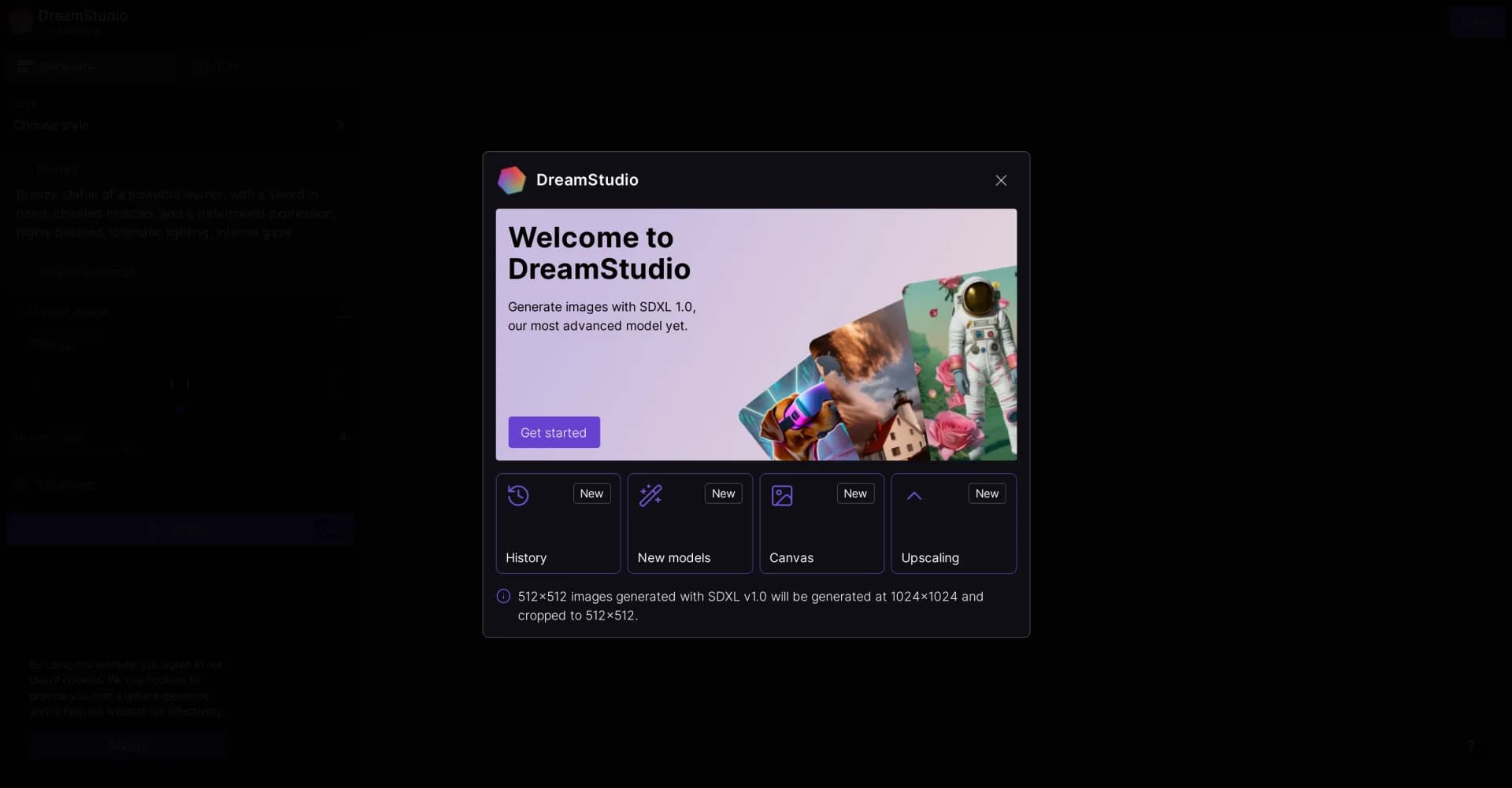 DreamStudio homepage screenshot — Create stunning visuals with AI