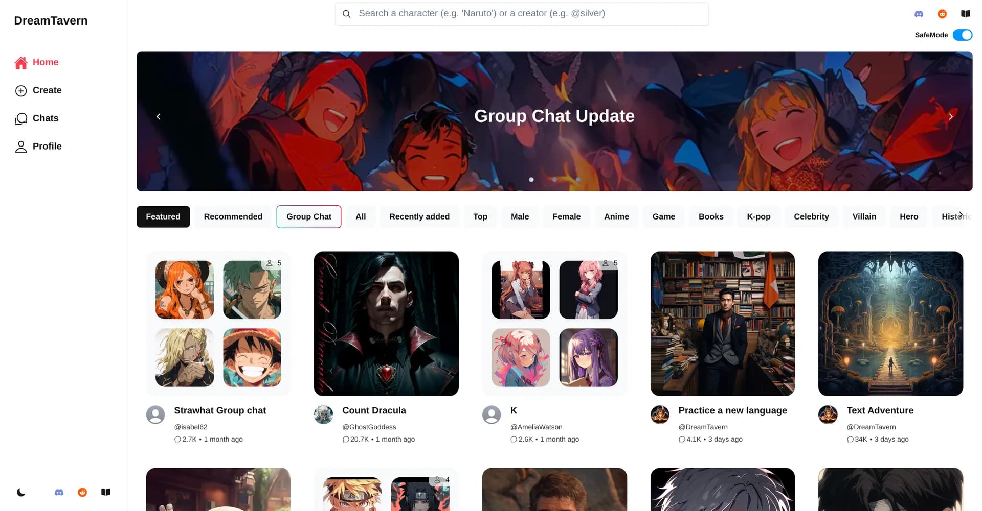 DreamTavern homepage screenshot — Chat with fictional characters come to life.