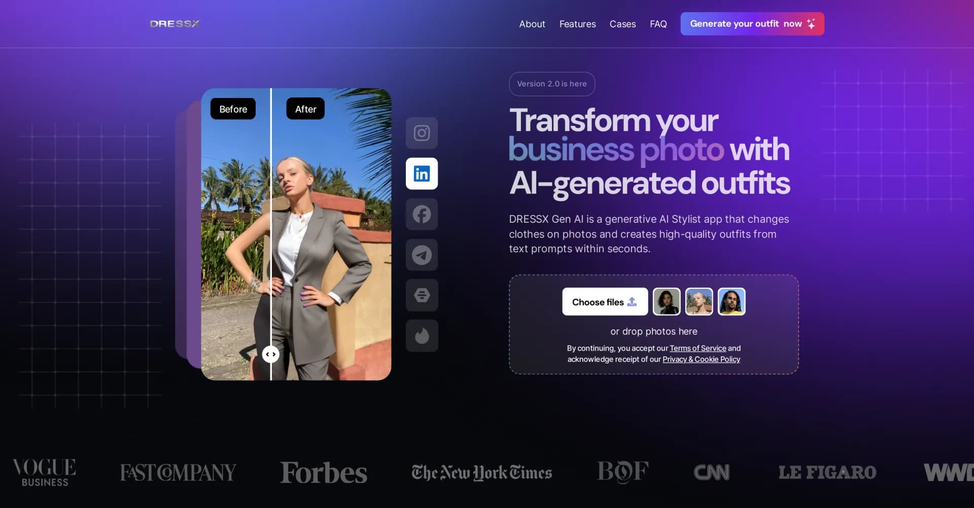 DRESSX.ME homepage screenshot — Transform your look with AI-generated outfits in seconds