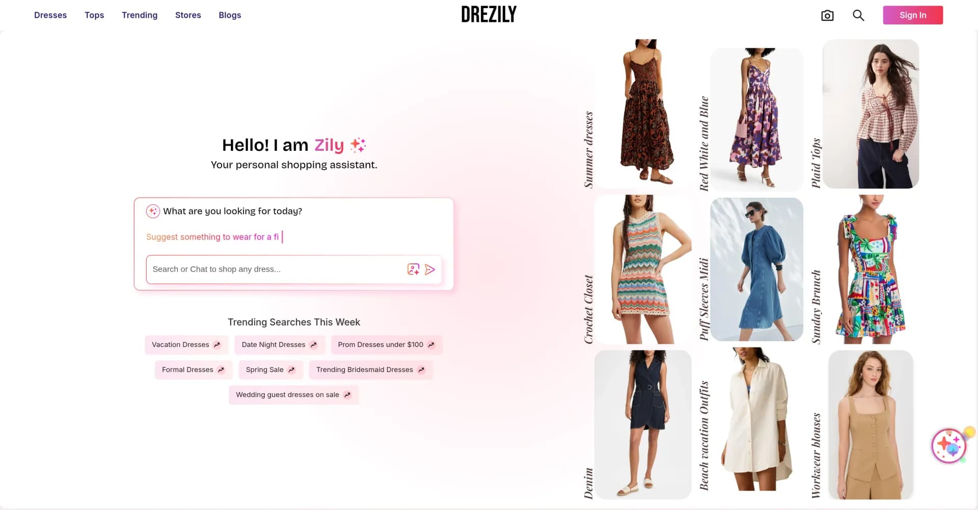 Drezily homepage screenshot — Your AI-powered shopping copilot for fashion discovery