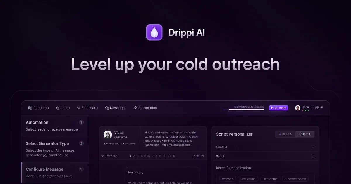 Drippi.ai homepage screenshot — Automate highly personalized twitter outreach