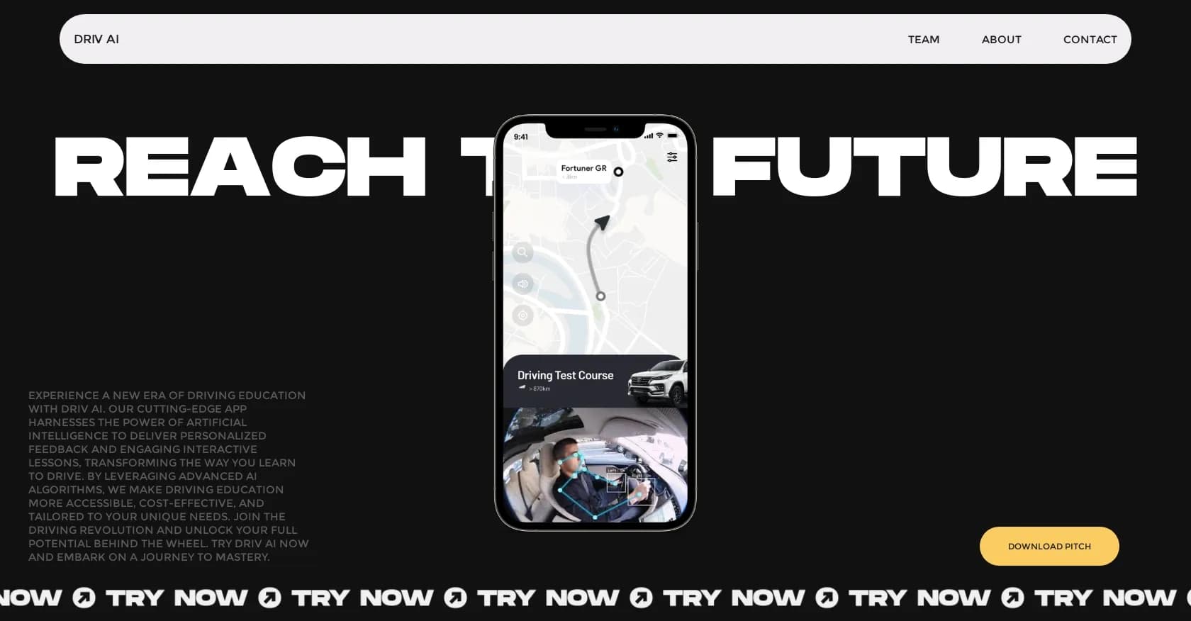 DRIV AI homepage screenshot — AI-powered driving lessons revolutionize your skills