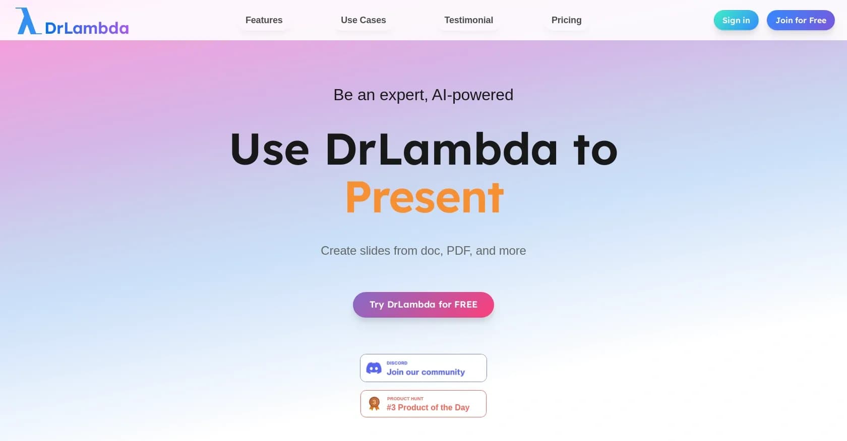 DrLambda homepage screenshot — Be an expert, AI-powered