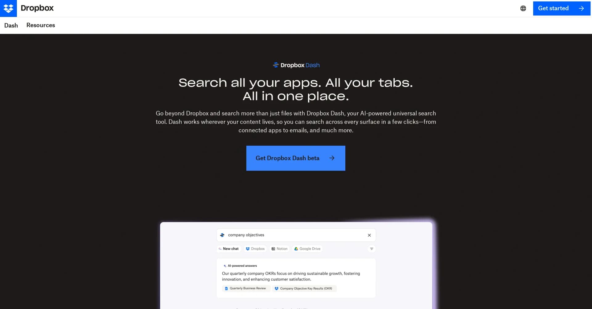 Dropbox Dash homepage screenshot — Search all apps and tabs in one place.