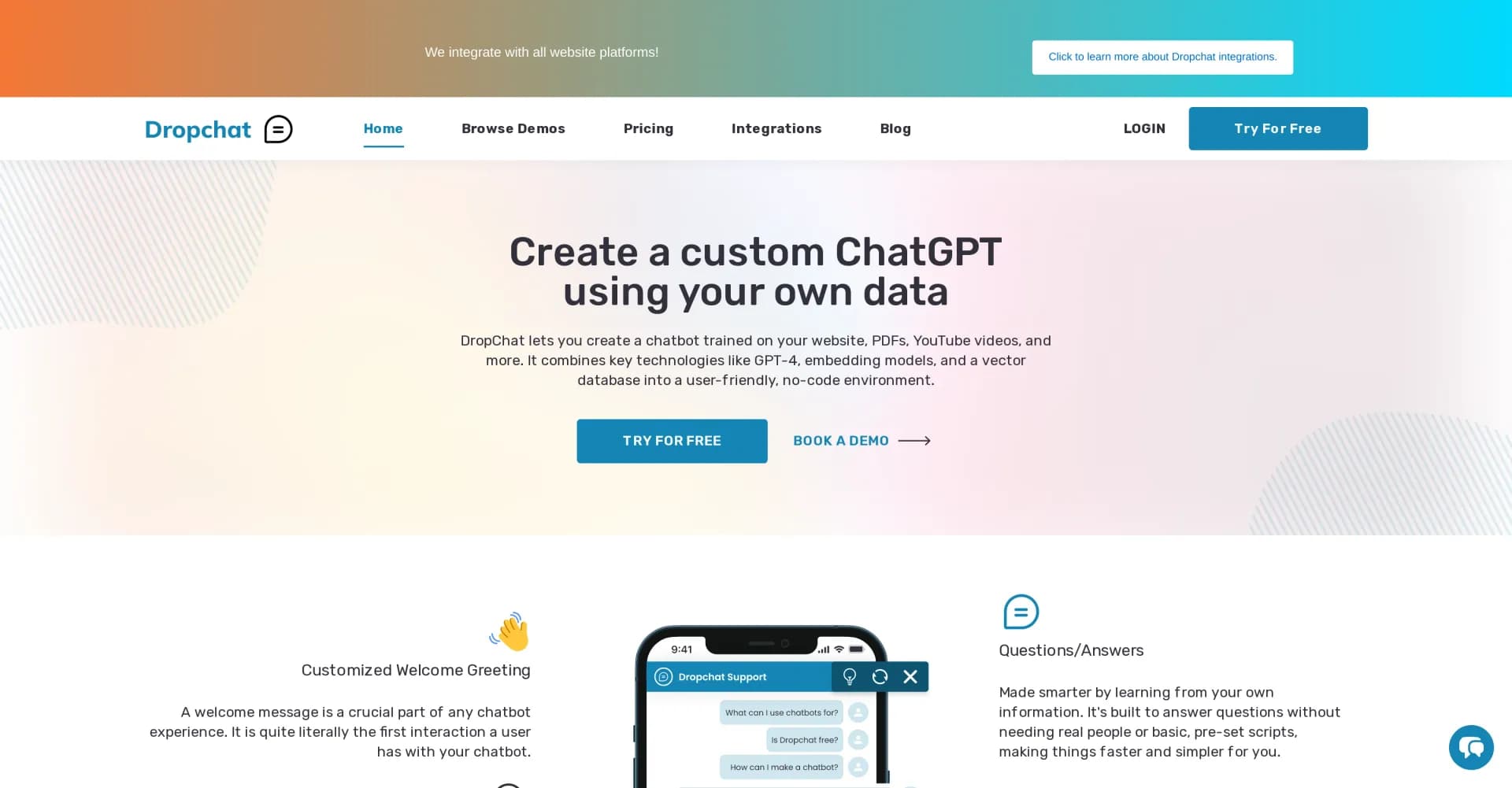 Dropchat homepage screenshot — Create custom ChatGPT bots from your data