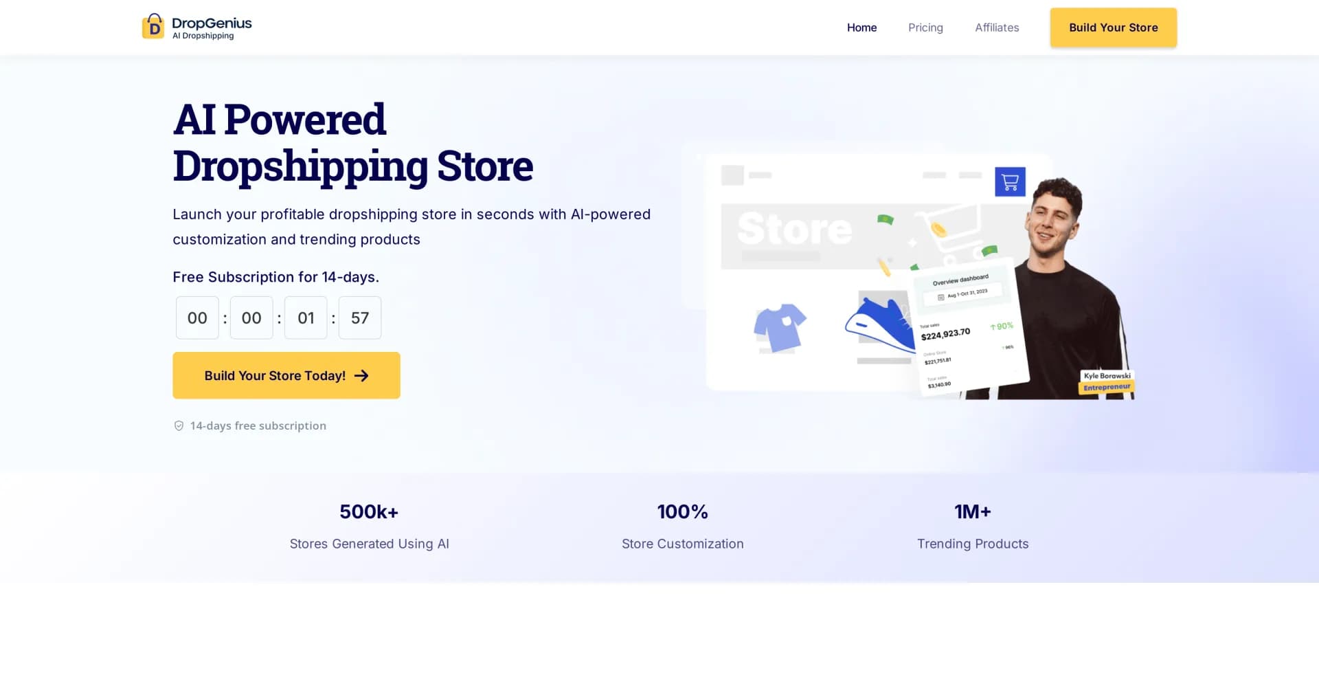 Dropgenius homepage screenshot — Launch profitable dropshipping stores instantly with AI.